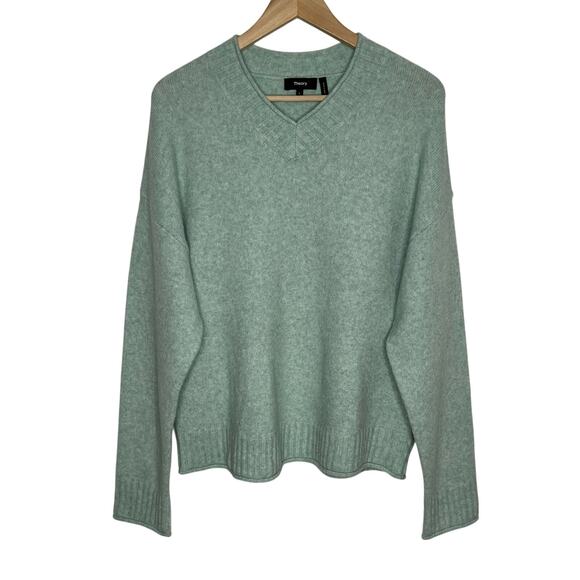 Theory Long Sleeve Wool Blend Pullover Sweater Womens Large Green V Neck Cozy - Picture 1 of 8